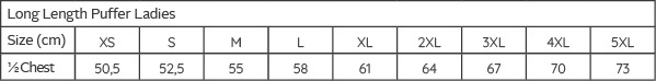 Size chart for Winter Ladies puffer Jacket